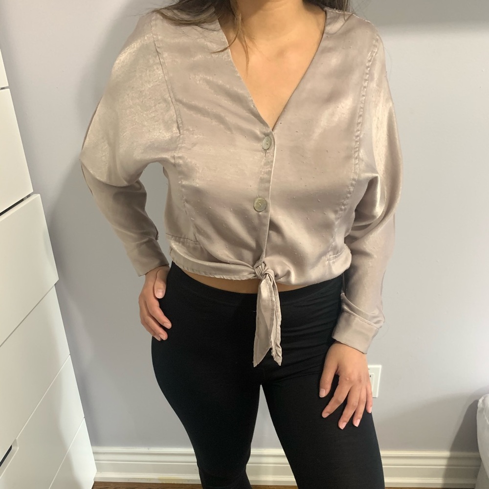 Nude satin long-sleeve shirt